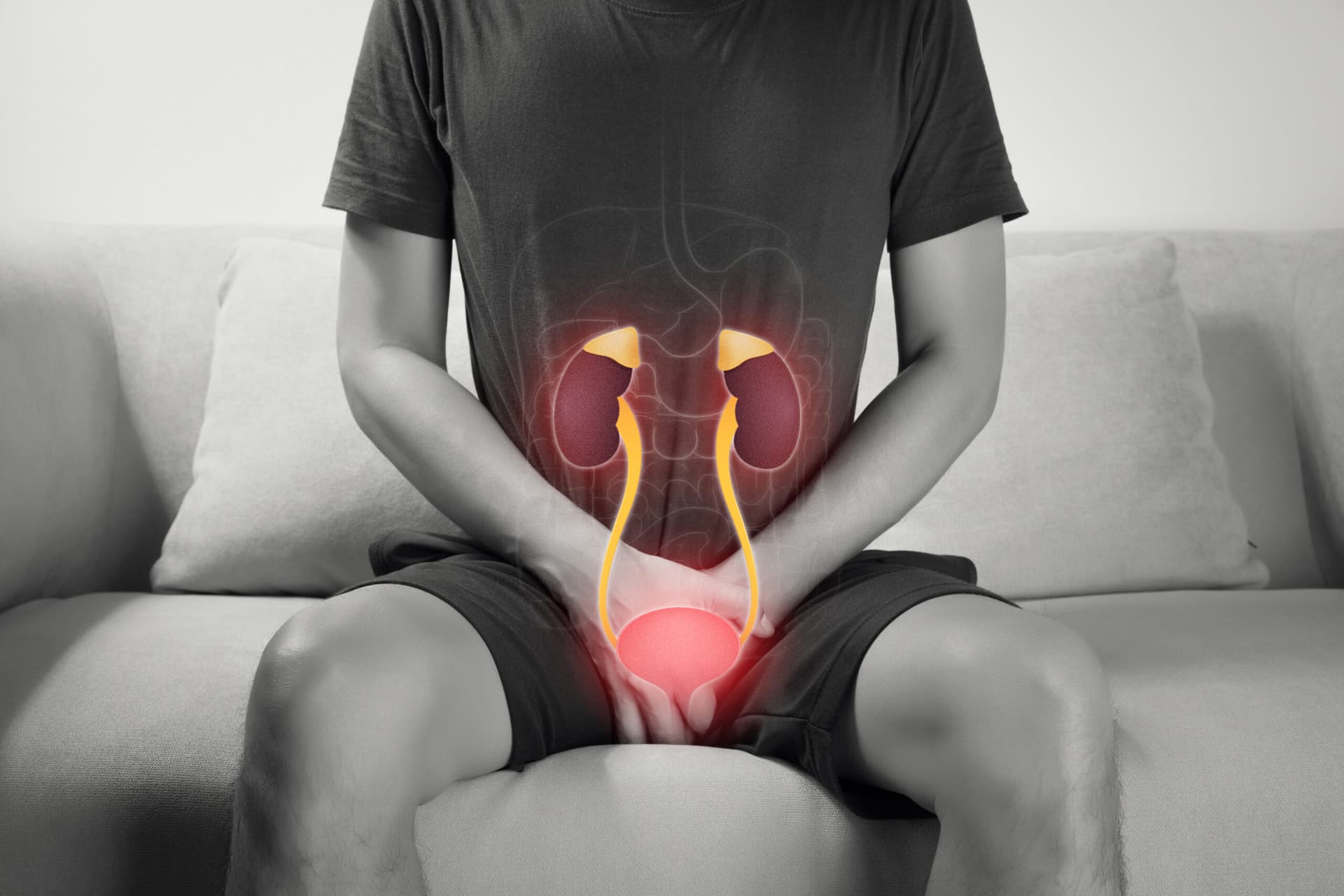 kidneys man with hands holding crotch